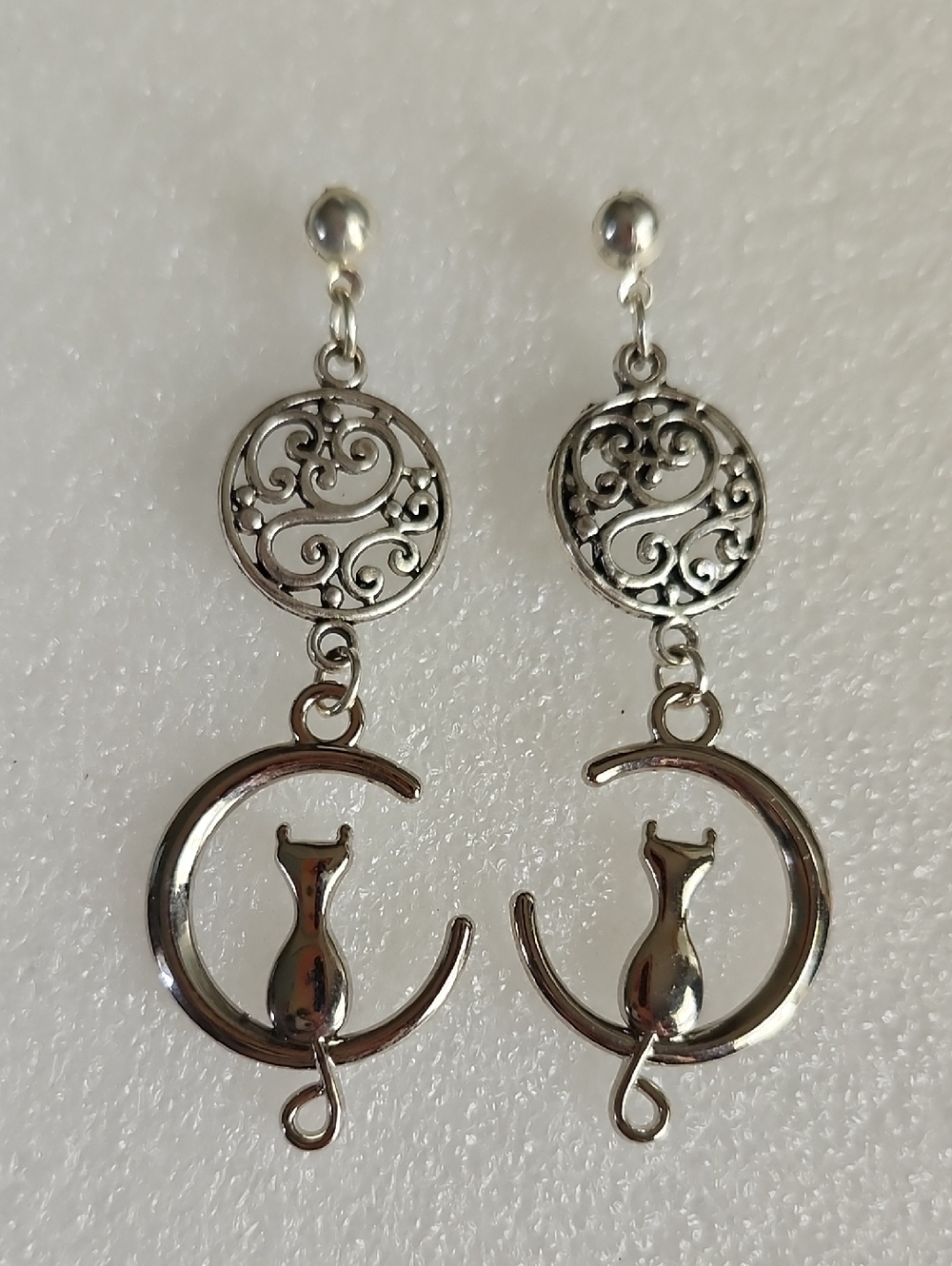 Hand Crafted Silver Cat Crescent Drop Earrings